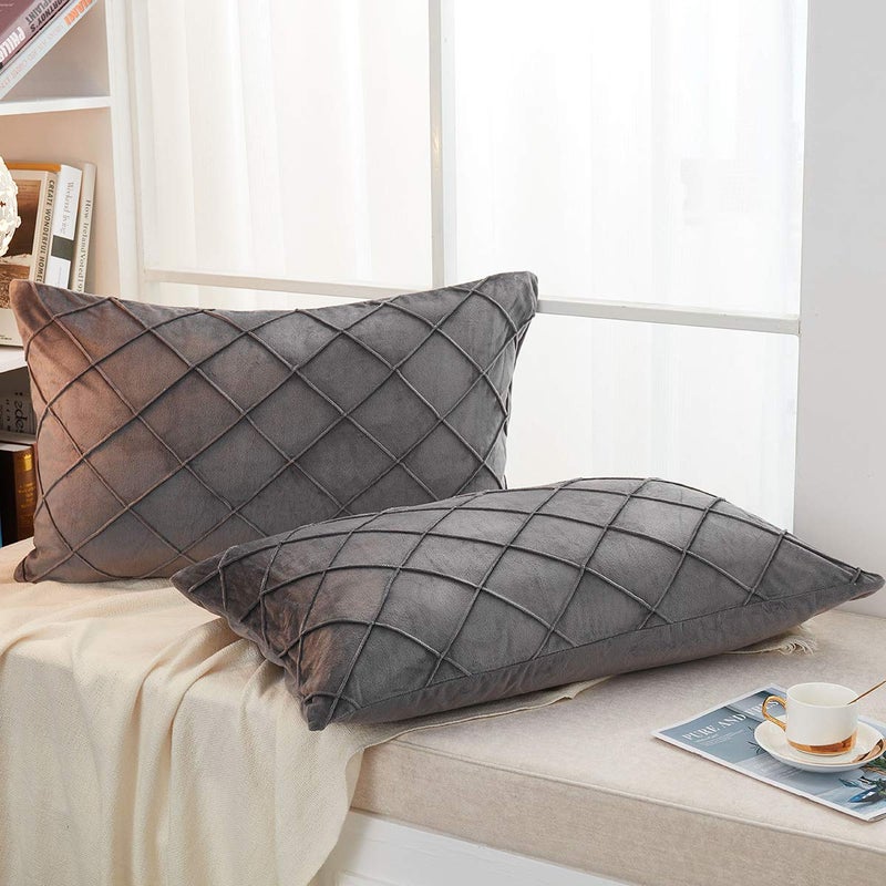 JAUXIO Diamond Pinch Pleated Crystal Velvet Pillowcases 2 Pack Solid Pintuck Throw Cushion Cover for Home Decor Hidden Zipper Closure (Dark Grey, Standard) - Image 2